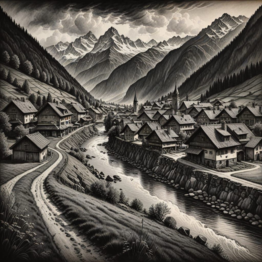 Swiss Alps Village Scene in Charcoal Drawing