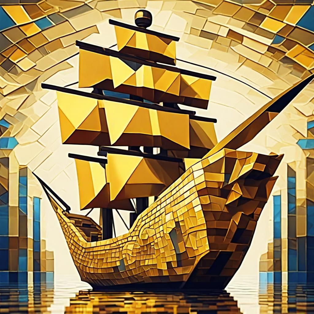 Golden Mosaic Pirate Ship in Cubist Interior