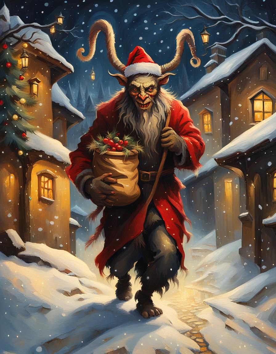 Krampus Walks Through Medieval Village as Oil Painting