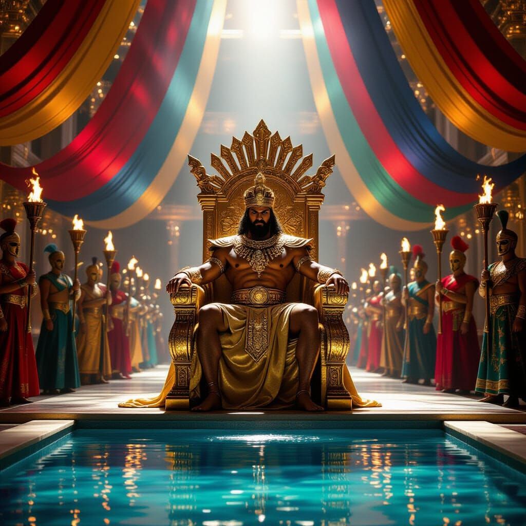 King Xerxes on Golden Throne in Opulent Throne Room