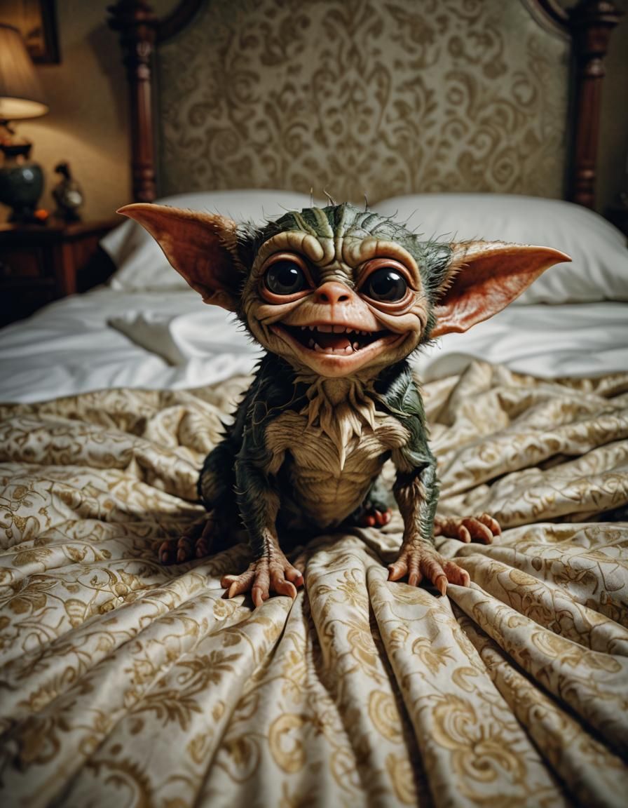 Happy Gremlin on Bed: Hyperrealistic 64 Megapixel Image