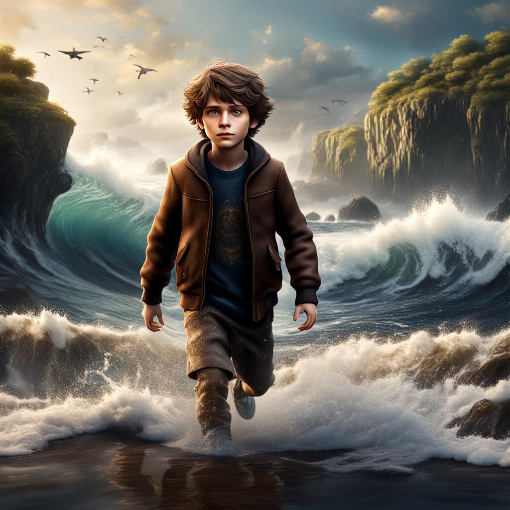 Young Boy Near Waves: Hyperrealistic Detailed Painting