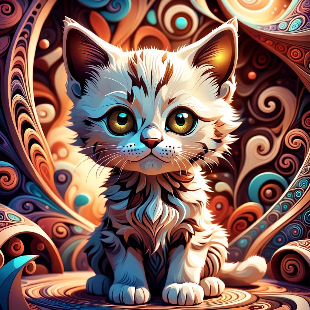 Whimsical Beige Kitten in Dreamlike Geometric Scene