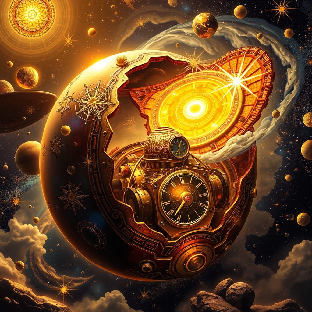Ethereal Steampunk Galaxy Unfurls from Cosmic Egg