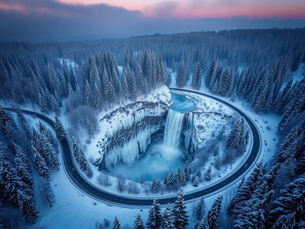 Surreal Winter Forest Road with Waterfall at Twilight