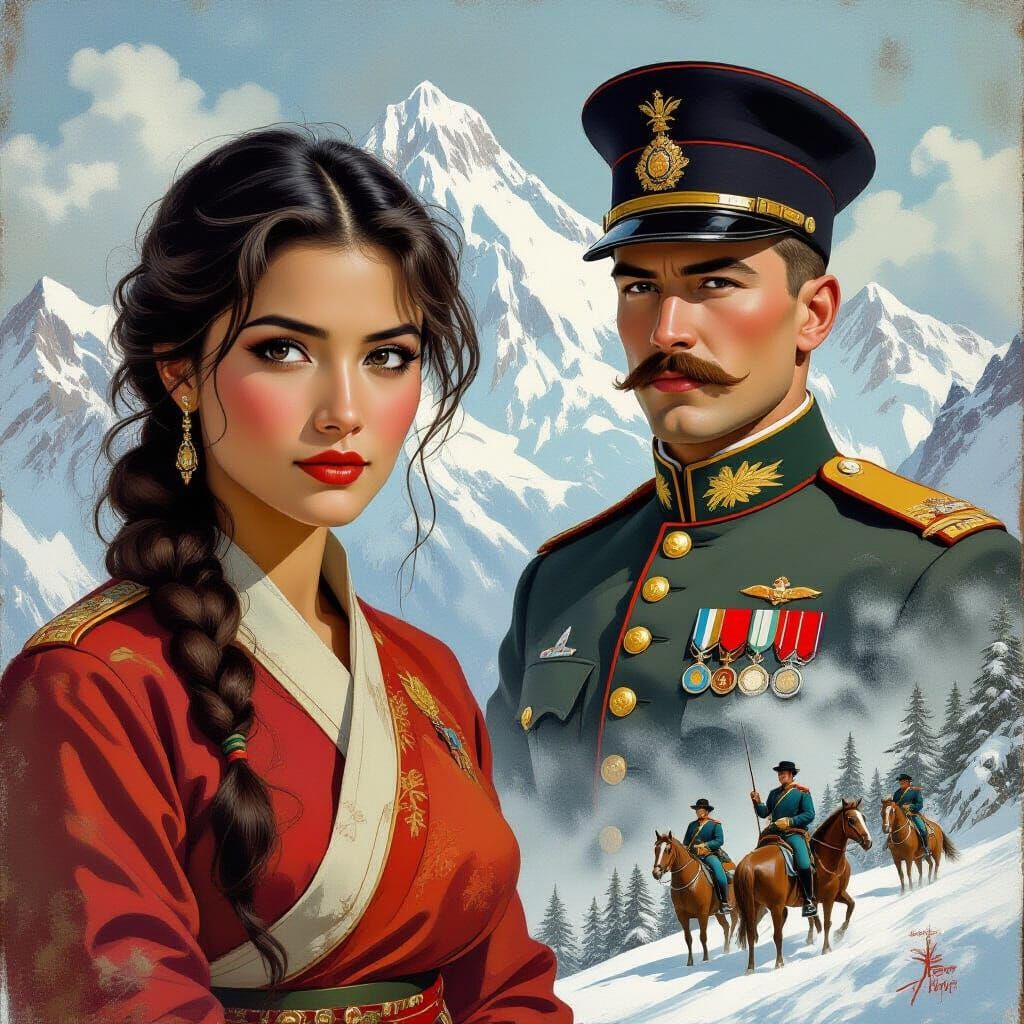 Tibetan Woman and Victorian Officer in Himalayan Scene
