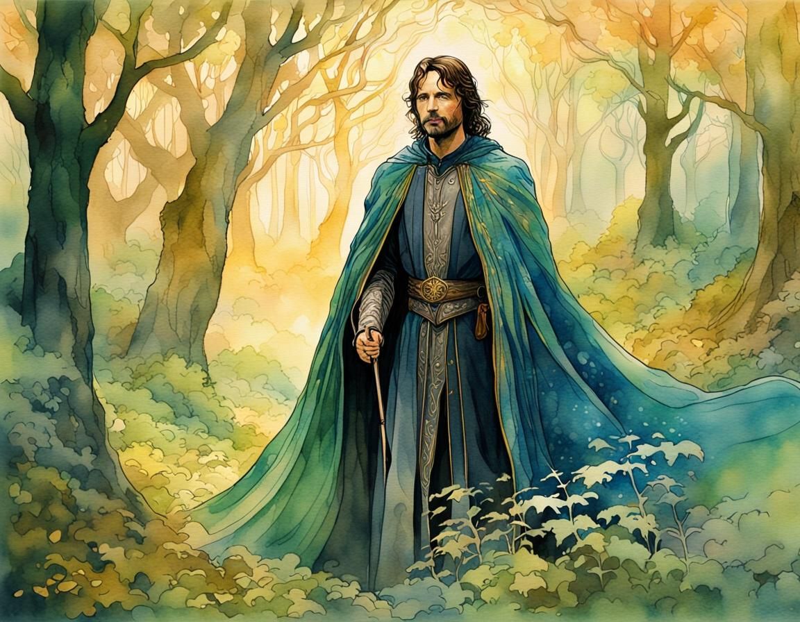Regal Aragorn in Ethereal Forest: Surreal Watercolor Portrai...