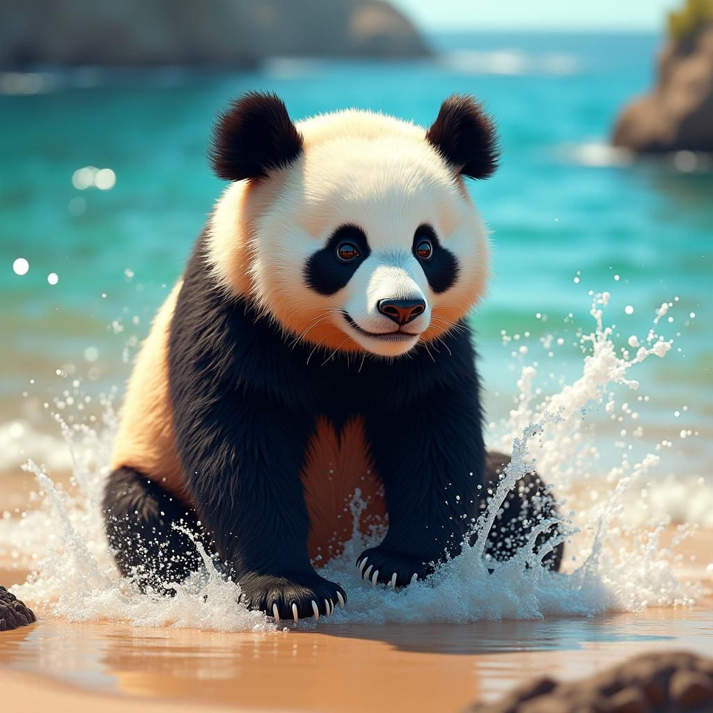 Hyperrealistic Panda on a Vibrant Beach