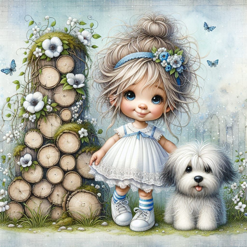 Whimsical Girl and Her Fuzzy Dog in a Floral Wonderland