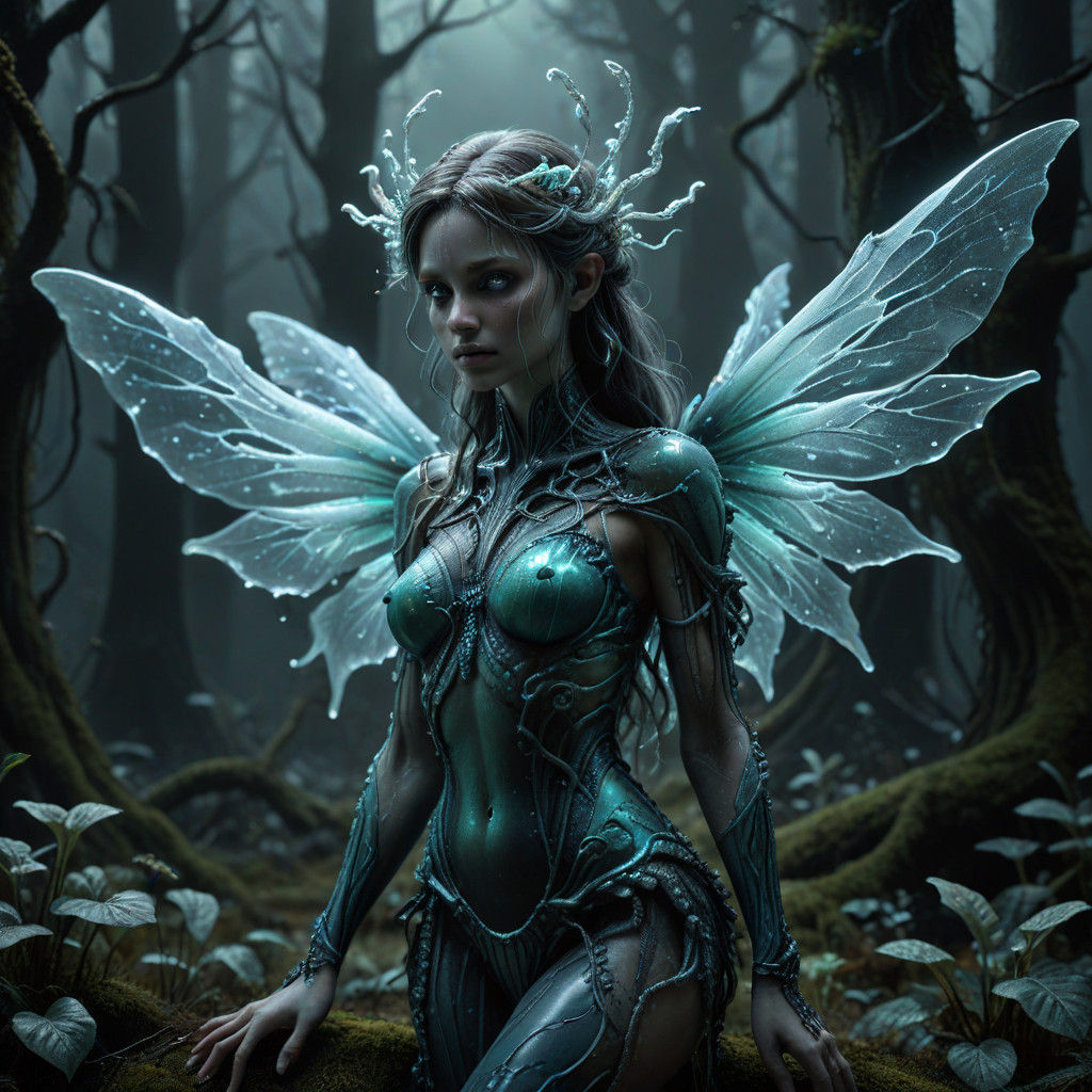 Ethereal Fairy Petrified in Dark Forest Night