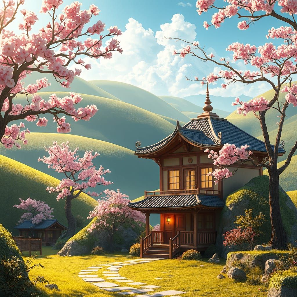 Idyllic Teahouse in Anime Style with Cherry Blossoms