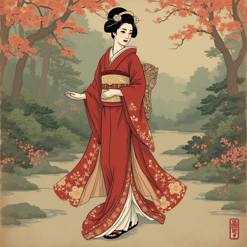 Elegant Geisha in Japanese Garden, Ukiyo-e Style