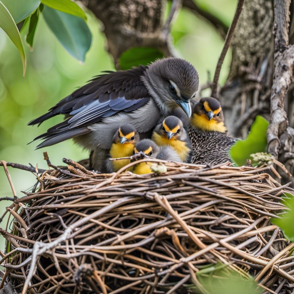 Mother Bird Nurturing Chicks in Nest
