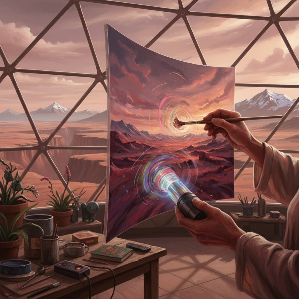 Martian Artist Paints Red Desert Landscape Impressionistical...