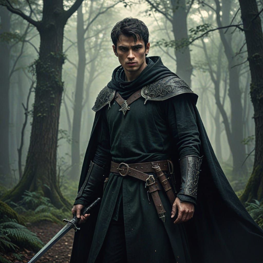 Medieval Assassin Emerges from Mystic Forest Shadows