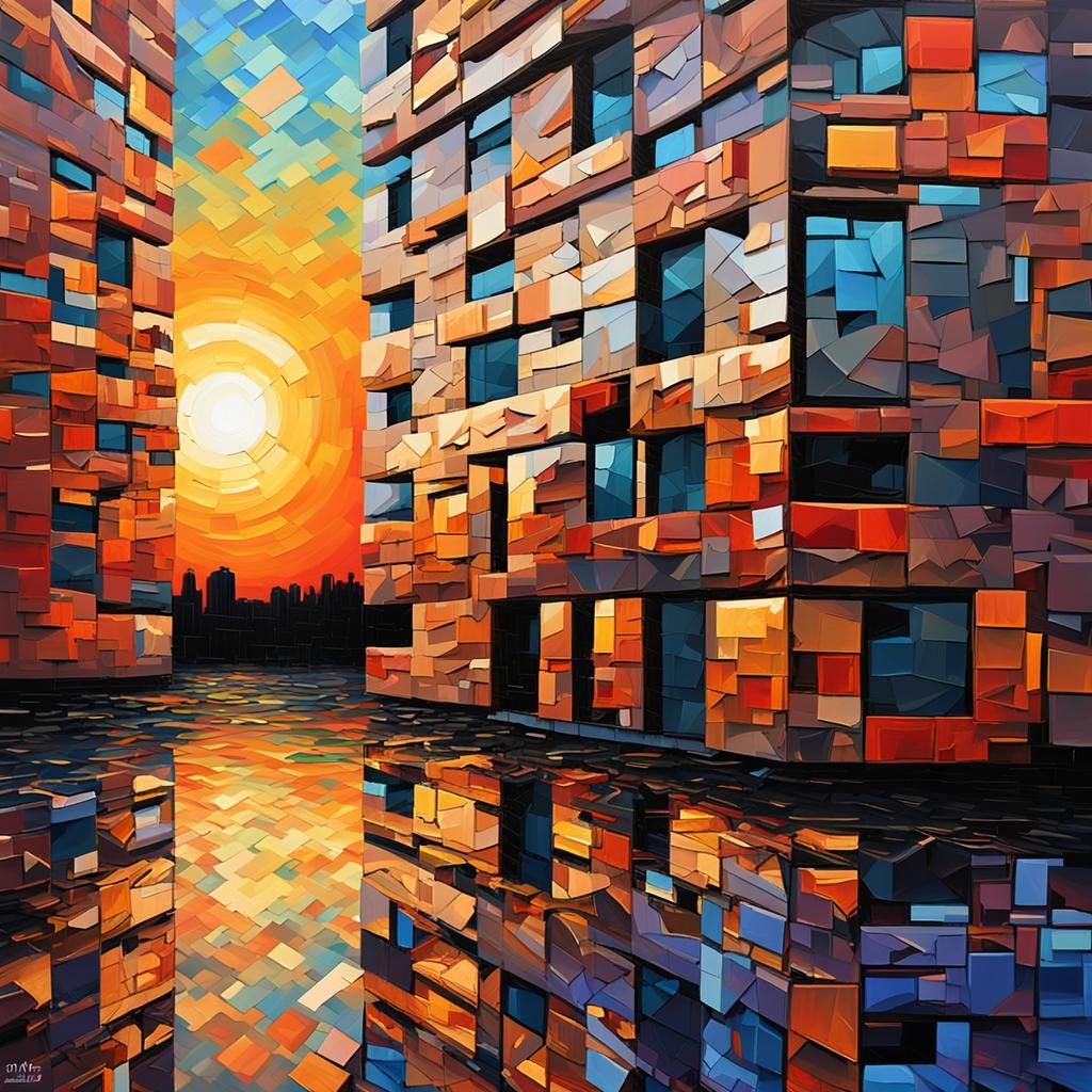 Sunset Building in Broken Mirror Composition