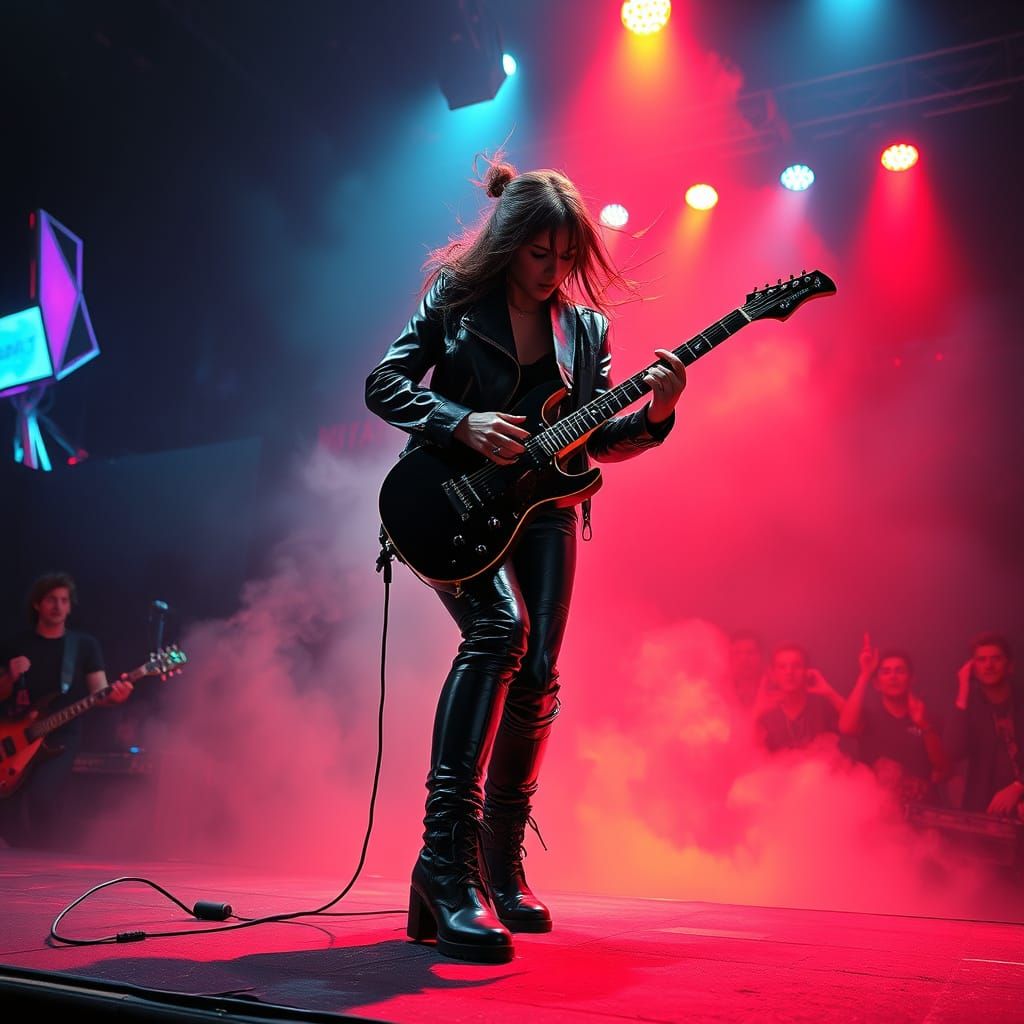 Cyberpunk Guitarist Smashing Guitar on Stage