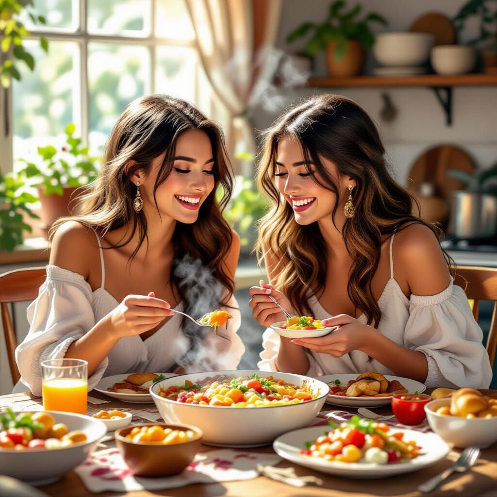 Joyful Women Share Bountiful Feast in Warm Illustrative Styl...