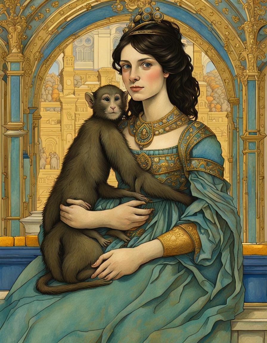 Medieval Sicilian Princess with Golden Monkey, Moebius Style