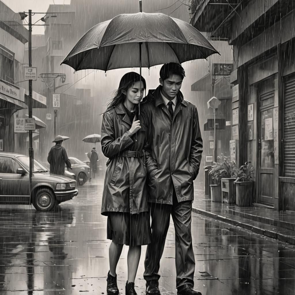 Romantic Couple in Rain, Hyperdetailed Charcoal Drawing