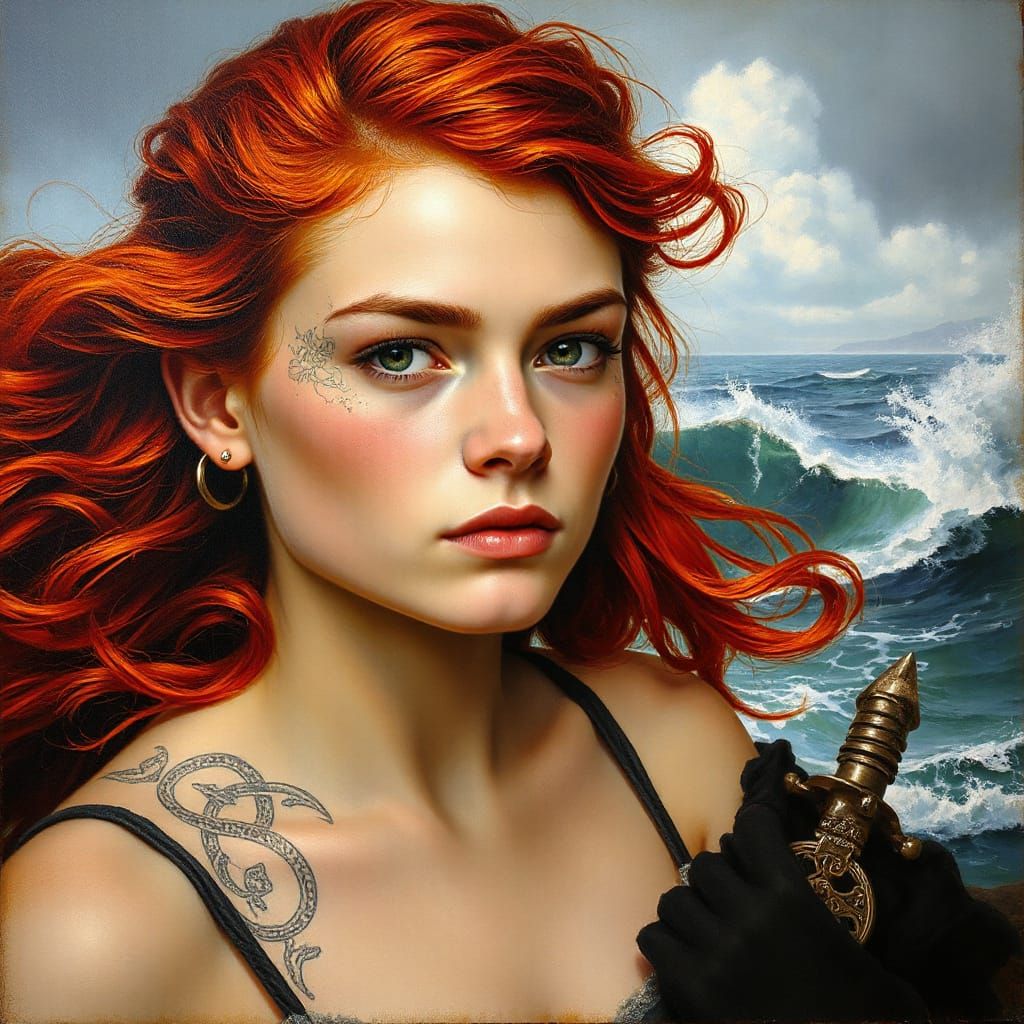 Celtic Warrior Woman Portrait in Style of Sargent and Klimt