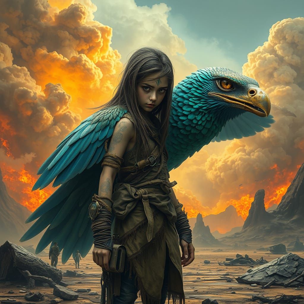 Reptilian Woman Protected by Bird in Apocalyptic Landscape