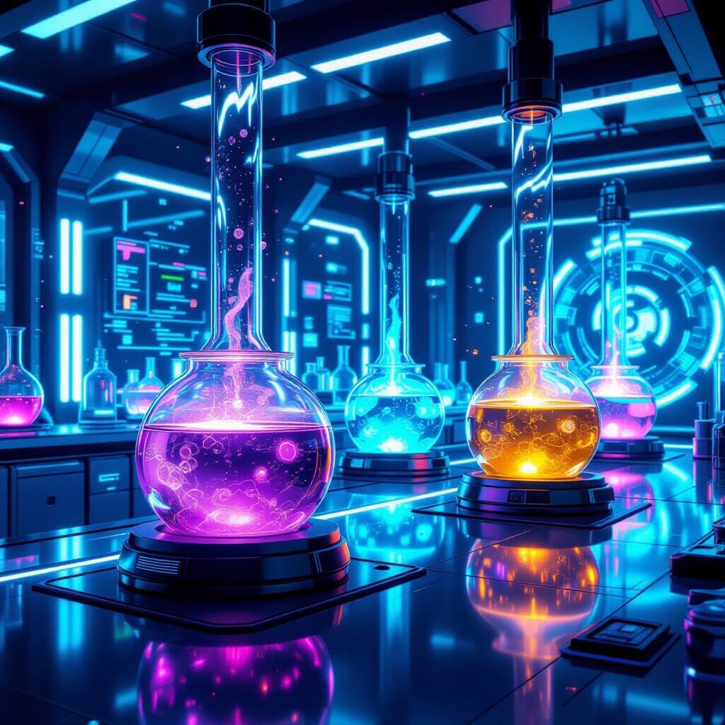 Neon Holographic Potions in Futuristic Lab
