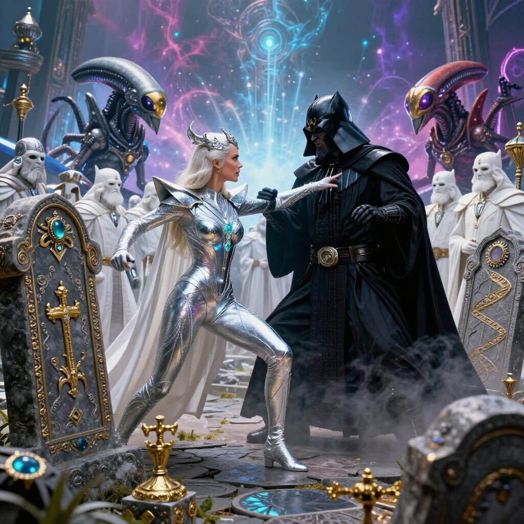 Cosmic Battle in Ancient Graveyard with Silver Surfer and Si...