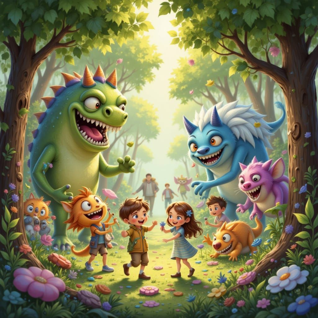 Children Play Hide-and-Seek with Monsters in Enchanting Fore...