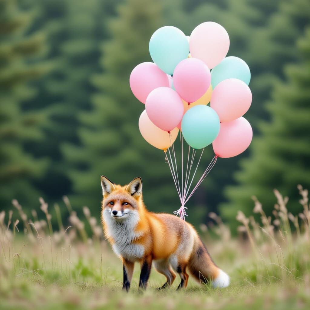 Fox Ascending with Pastel Balloons