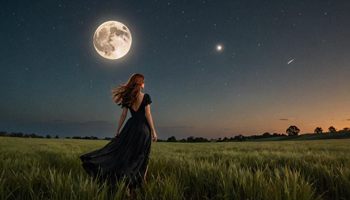 Woman in Black Dress Under Full Moon