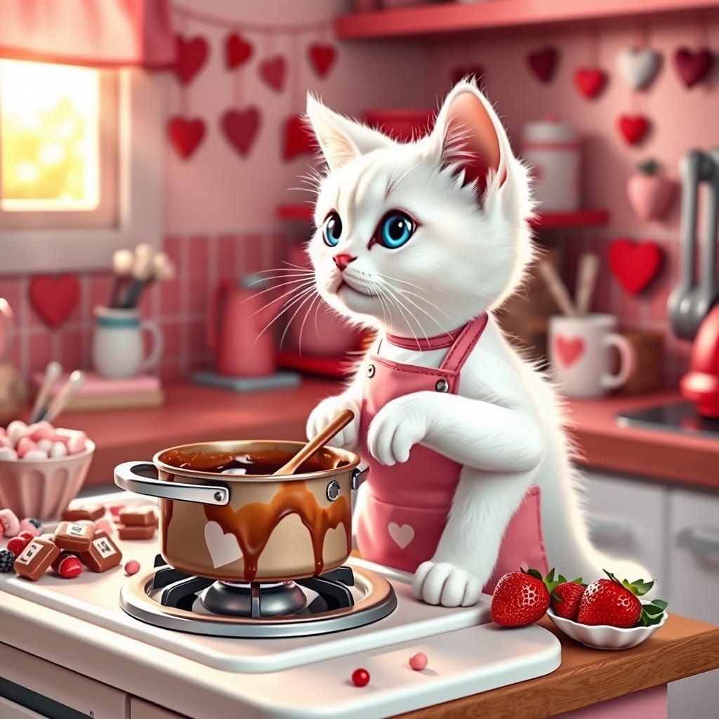 Cozy Valentine's Kitchen Scene with White Cat