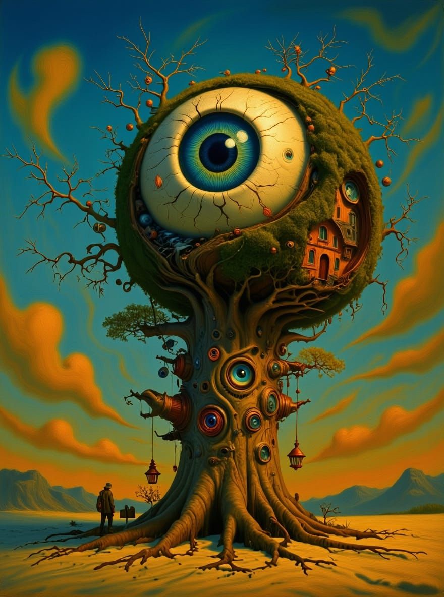 Surreal Eyeball Tree in Whimsical Gothic Fantasy Landscape