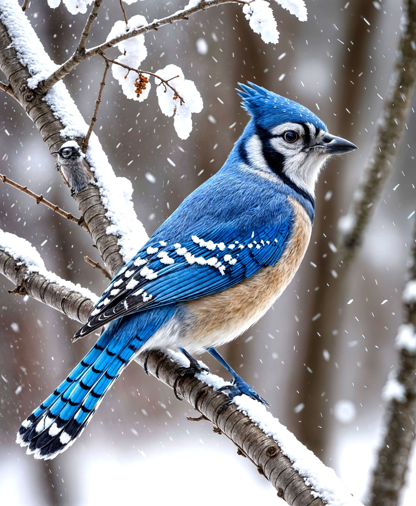 Blue Jay in Winter Snowstorm: Photorealistic Image