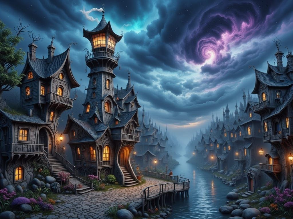 Dieselpunk Fishing Village Under Starry Sky