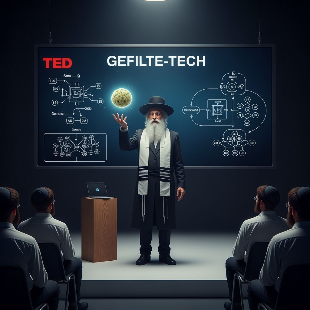Hasidic Man Presents Gefilte-Tech in Futuristic Style