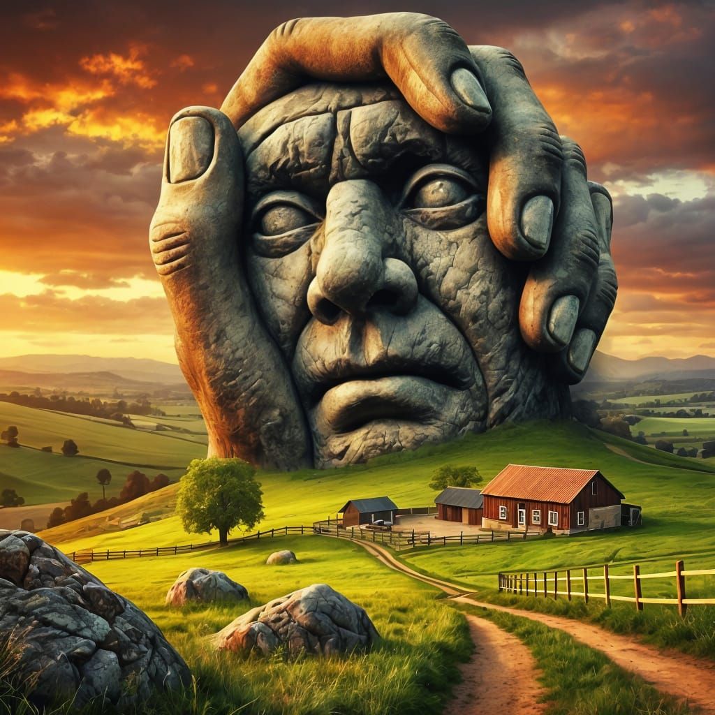 Surreal Country Landscape with Giant Rock Face and Hands