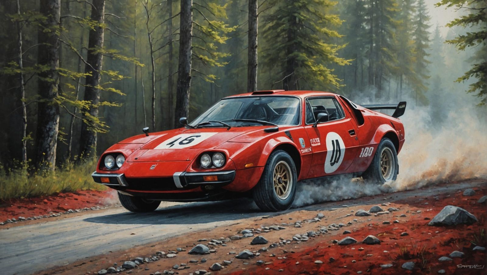 Red Lancia Stratos Drifting: Acrylic Painting with Fantasy T...