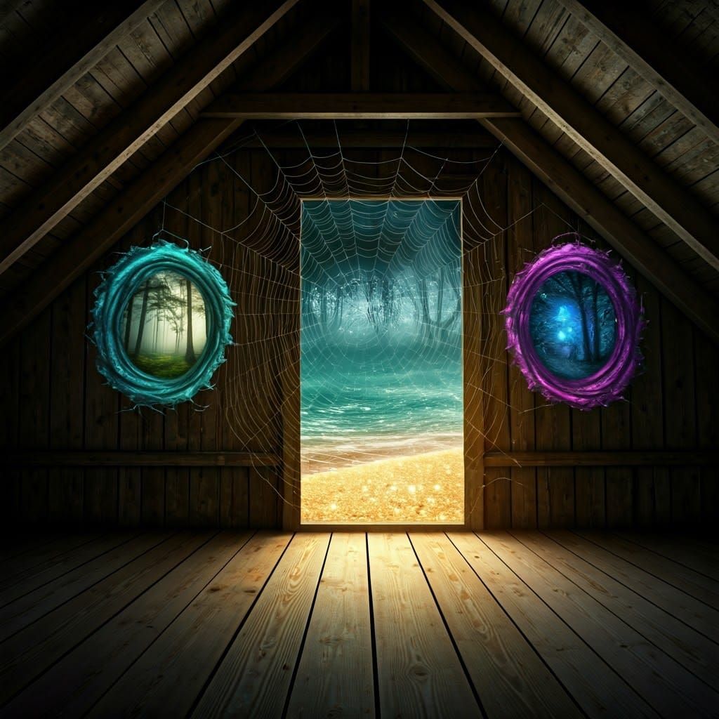 Mystical Spider Weaver in Photorealistic Dark Fantasy Attic...