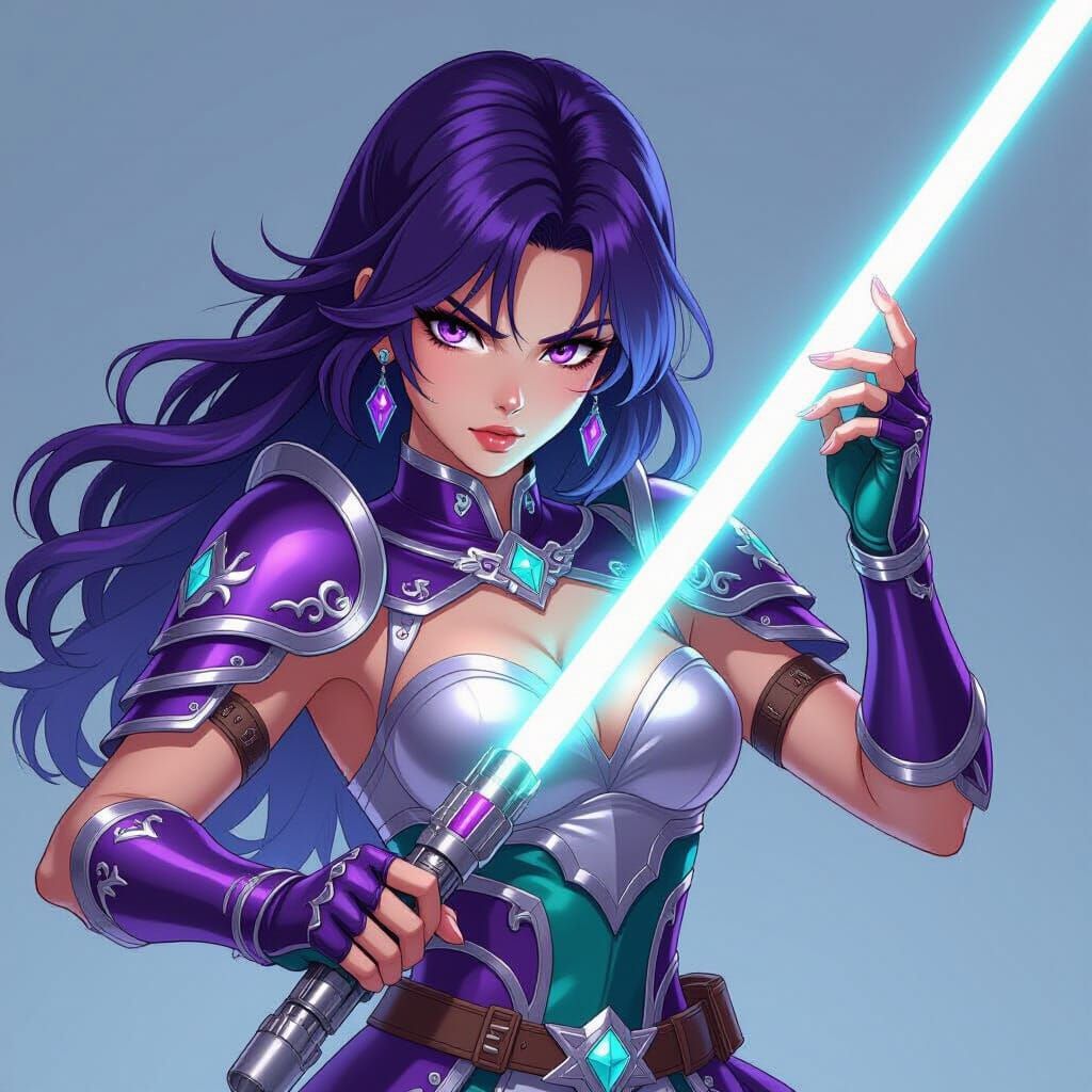 Anime Warrior with Cyan Lightsaber in Sci-Fi Armor