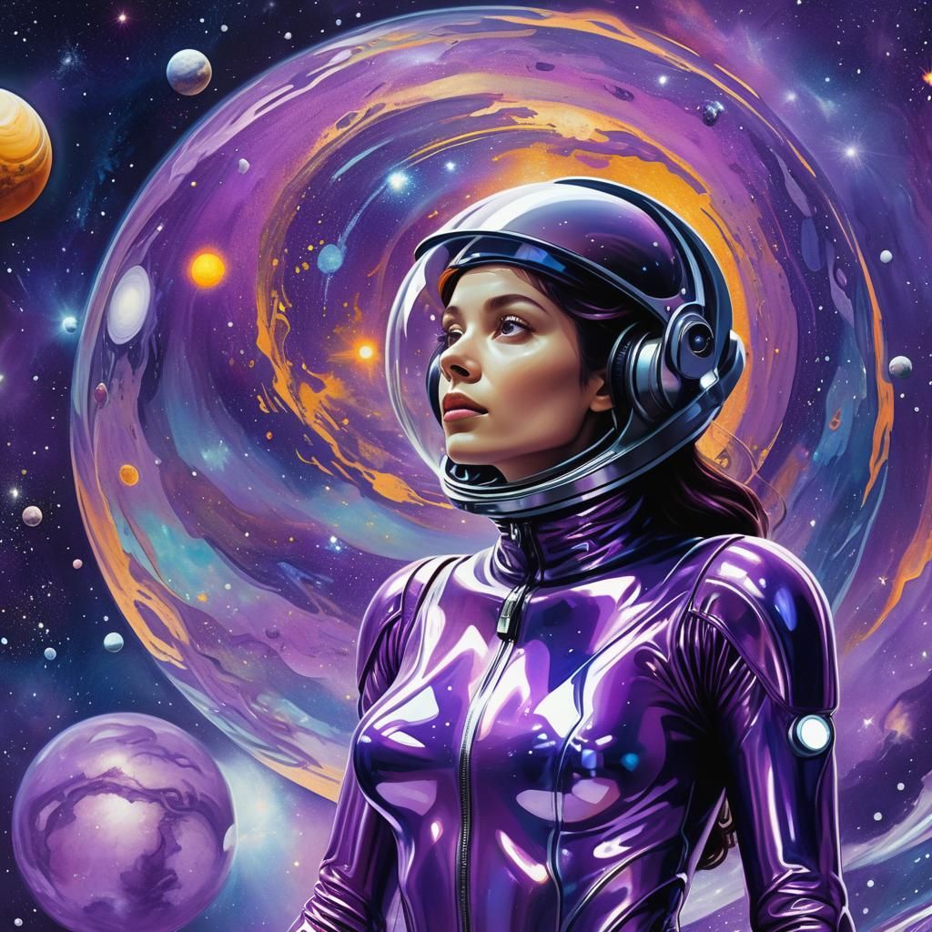 Woman in Violet Space Suit, Cosmic Illustration