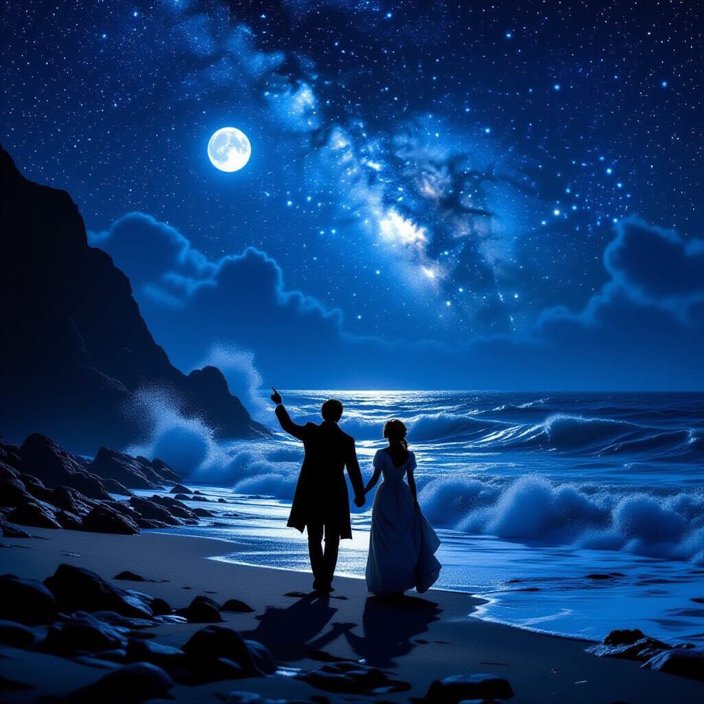 Romantic Silhouettes on a Moonlit Coastline