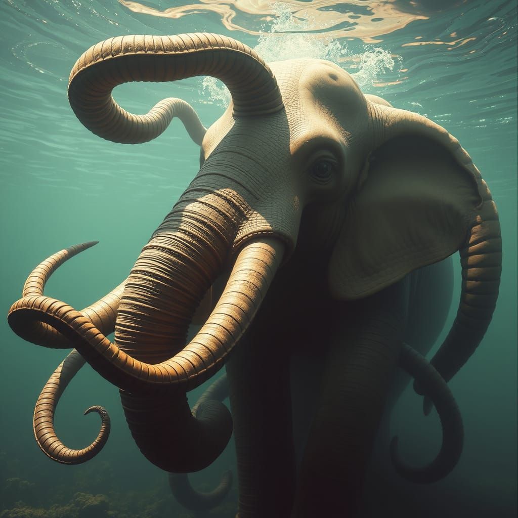 Surreal Underwater Elephant with Tentacle Trunks in Biomecha...