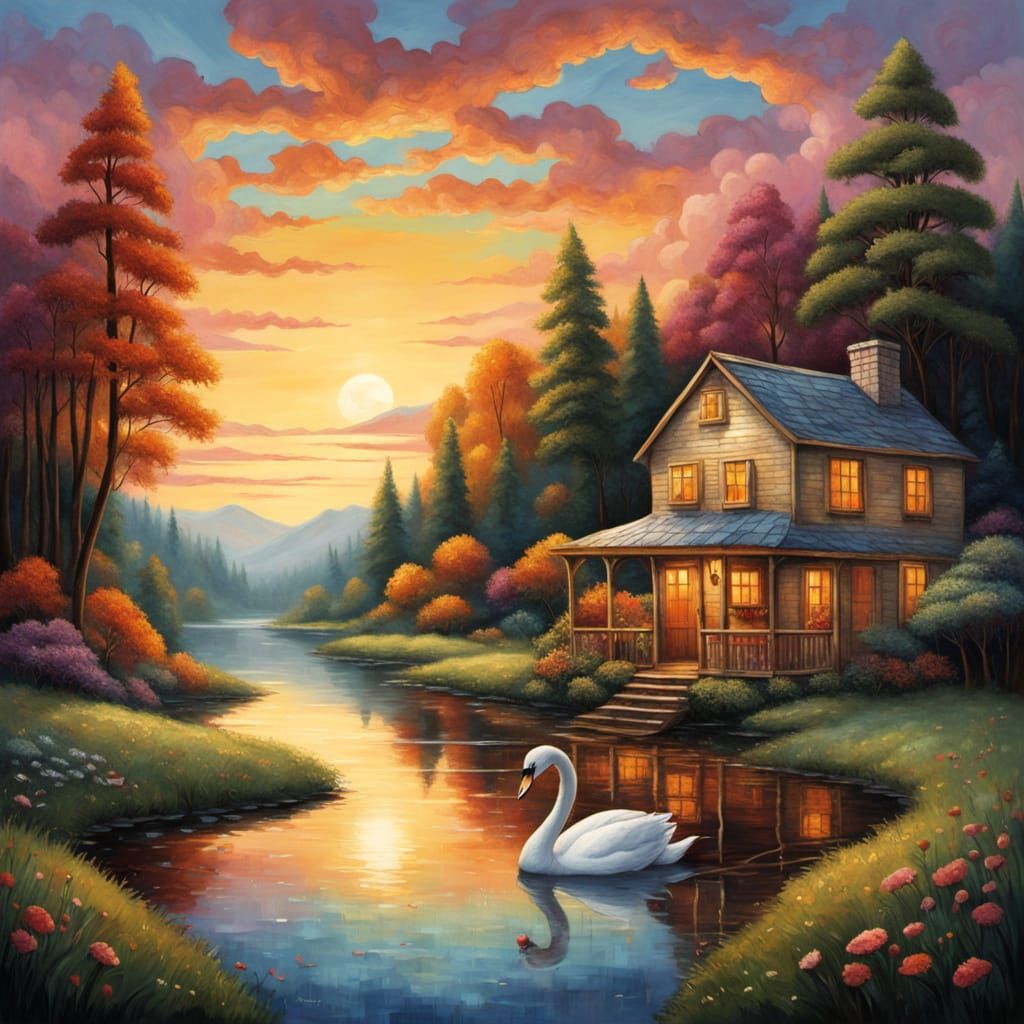 Cozy Cabin with Swan by Stream in Textured Sky