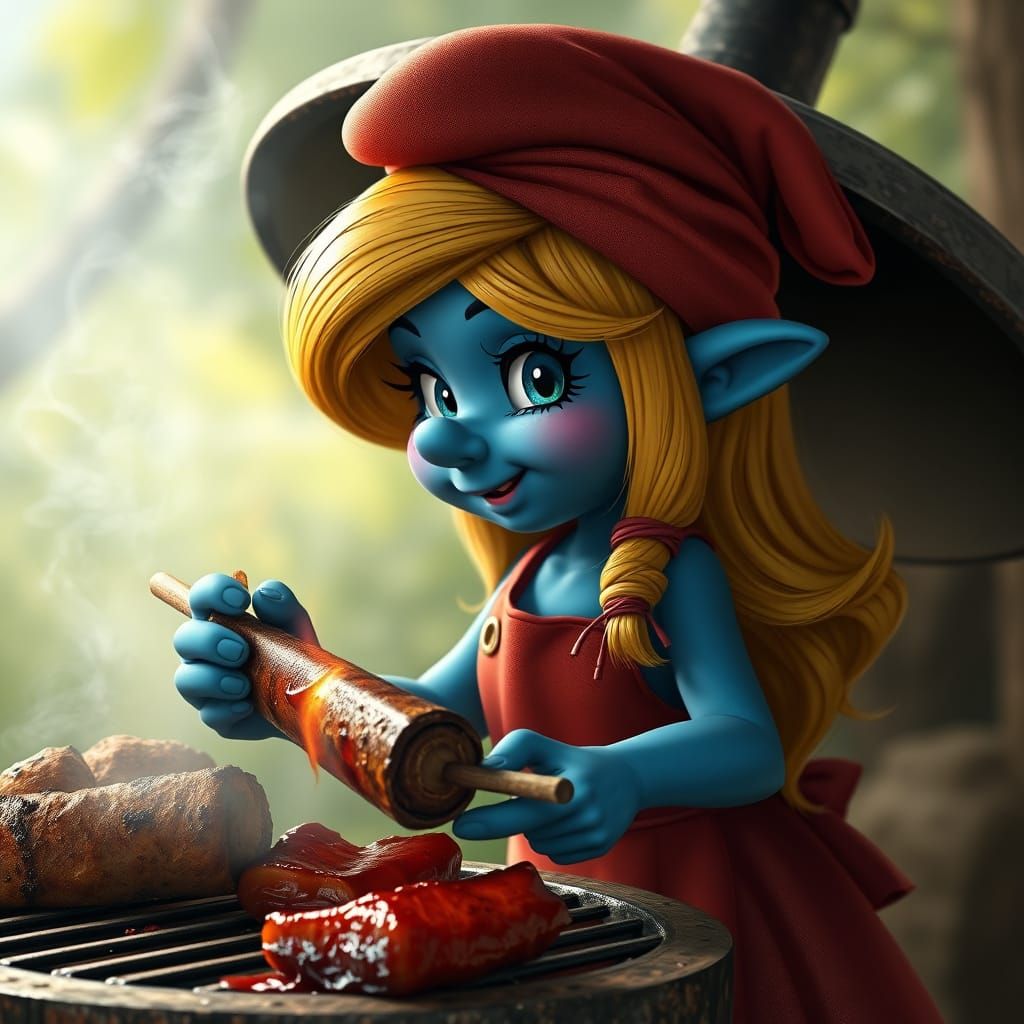 Hyperrealistic Smurf Woman Savoring BBQ