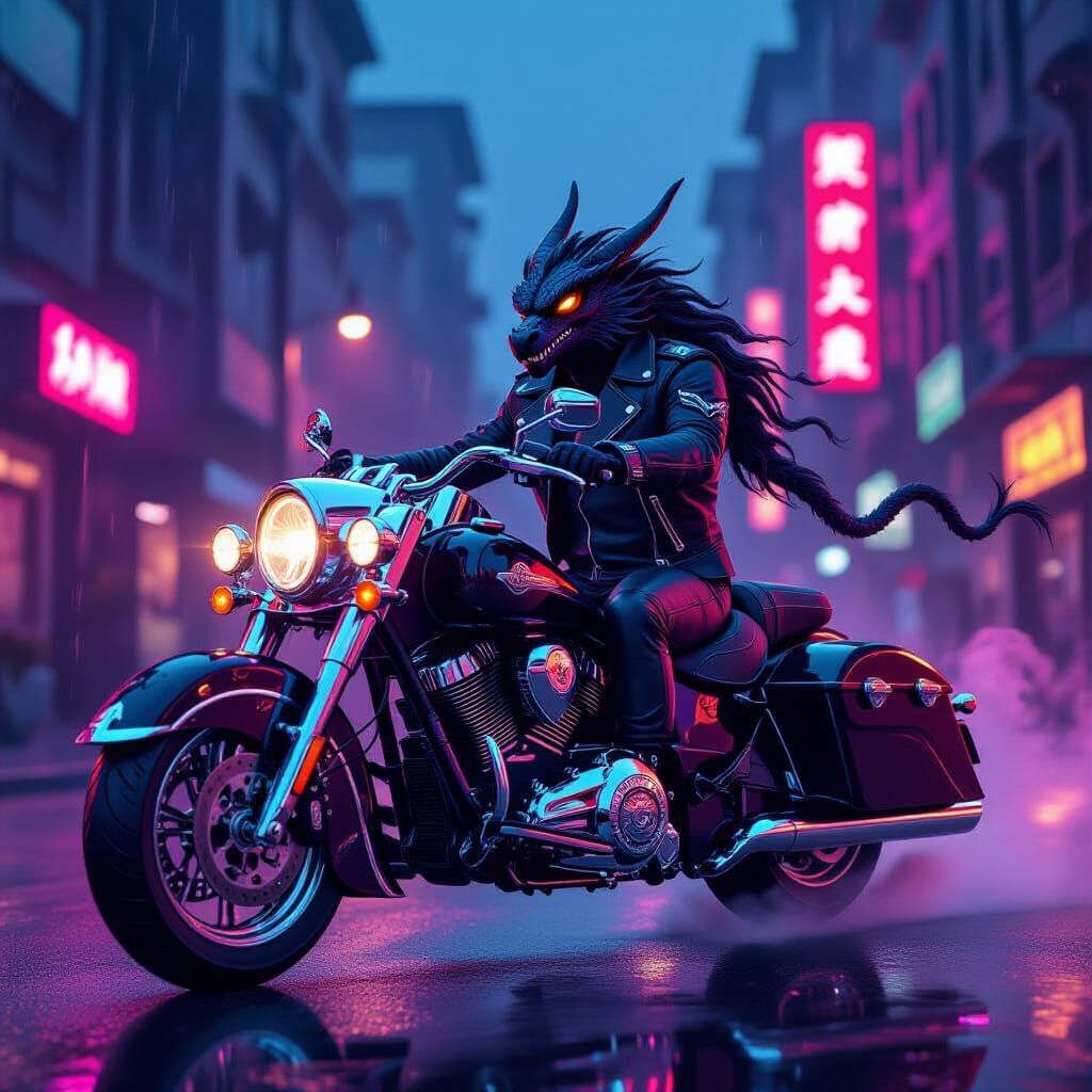 Dragon in Biker Jacket Rides Motorcycle on Neon Street