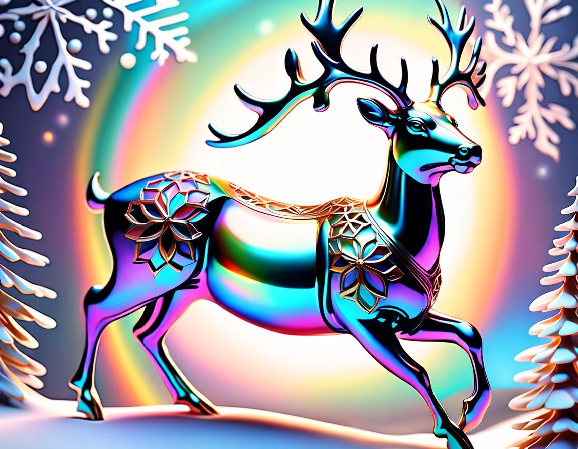 Iridescent Reindeer in Opalescent Christmas Scene