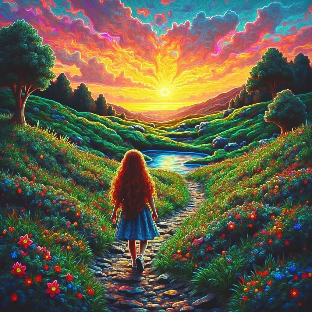 Whimsical Painting of Girl Walking to Lake at Sunset