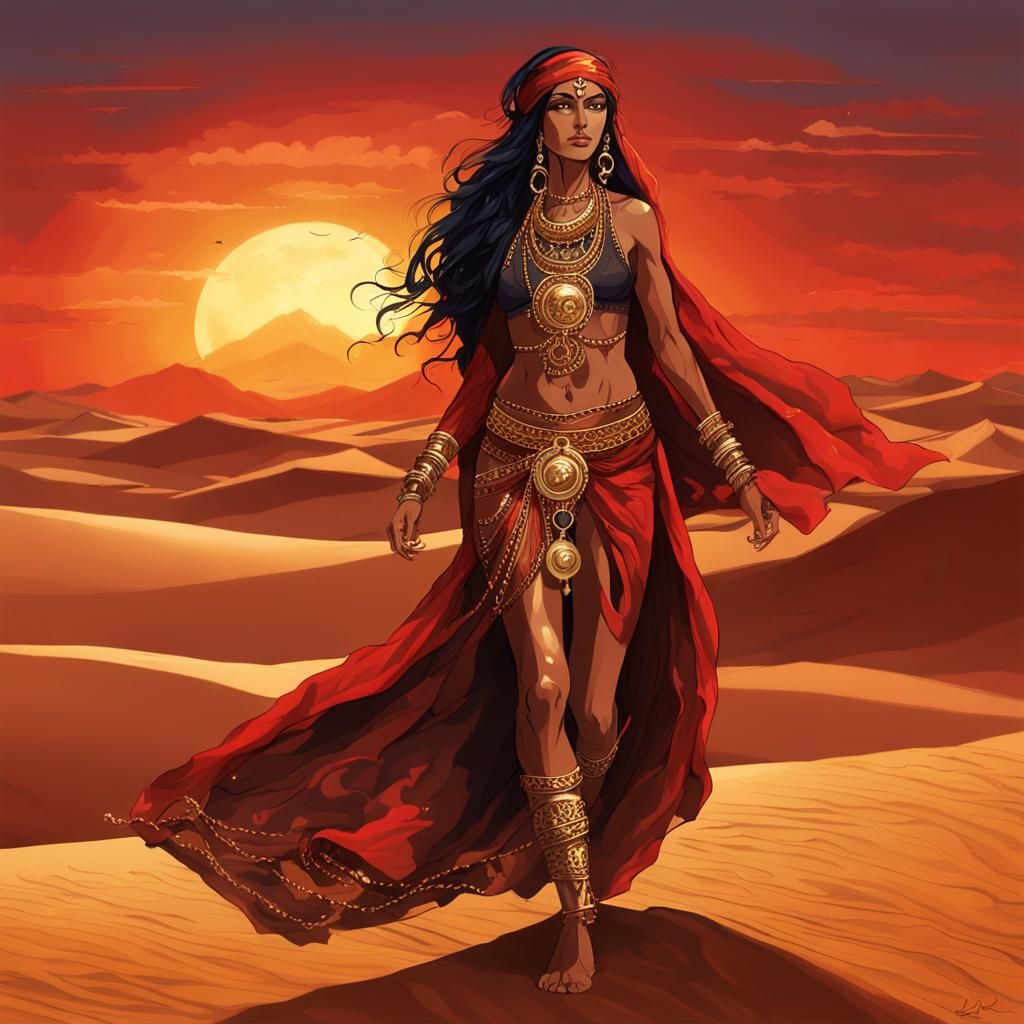 Bedouin Priestess Striding Through Red Desert at Sunset