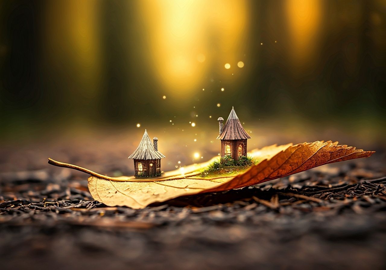 Tiny Fairy Village on Autumn Leaf Macro Shot